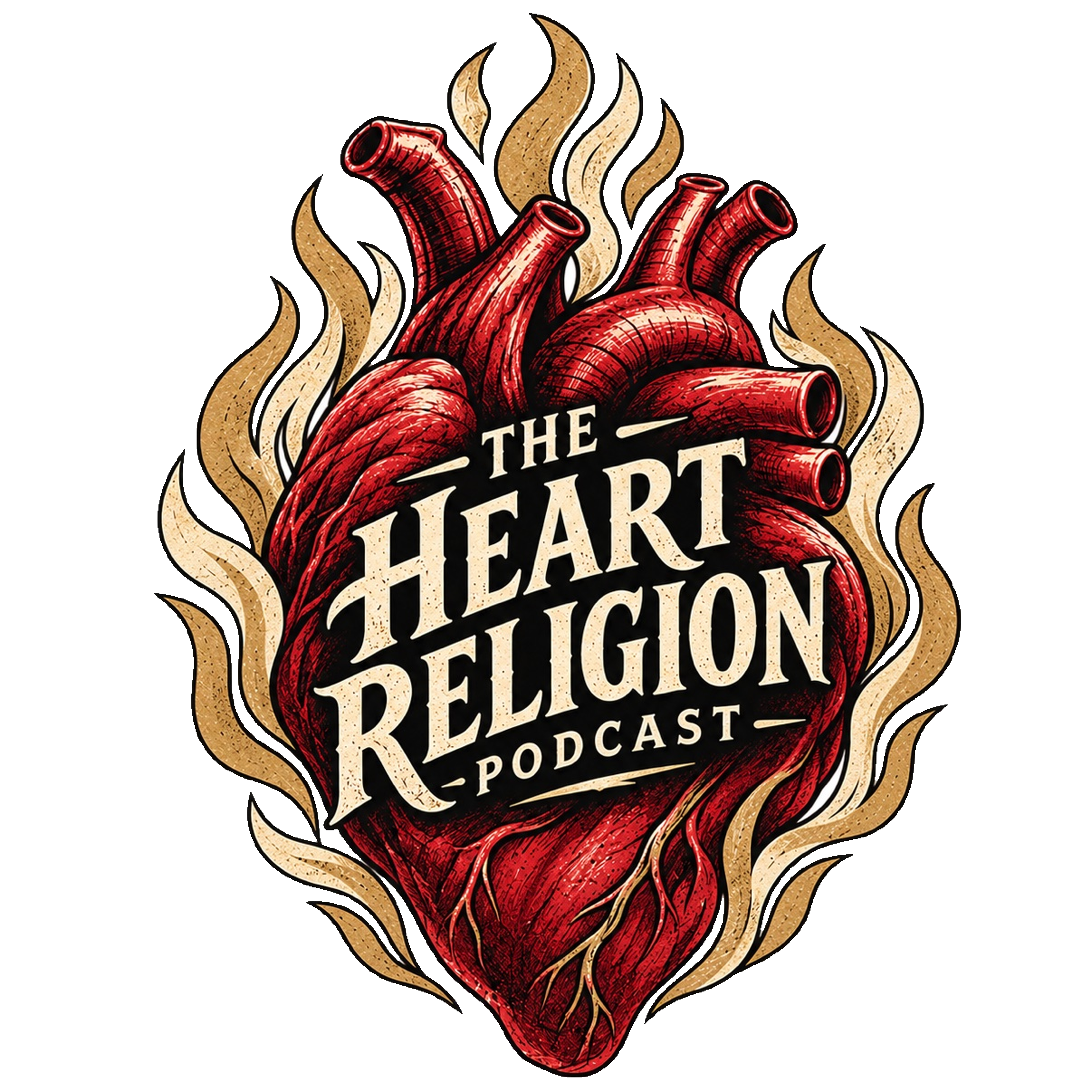 Heart Religion logo: anatomical heart in deep red with gold flames